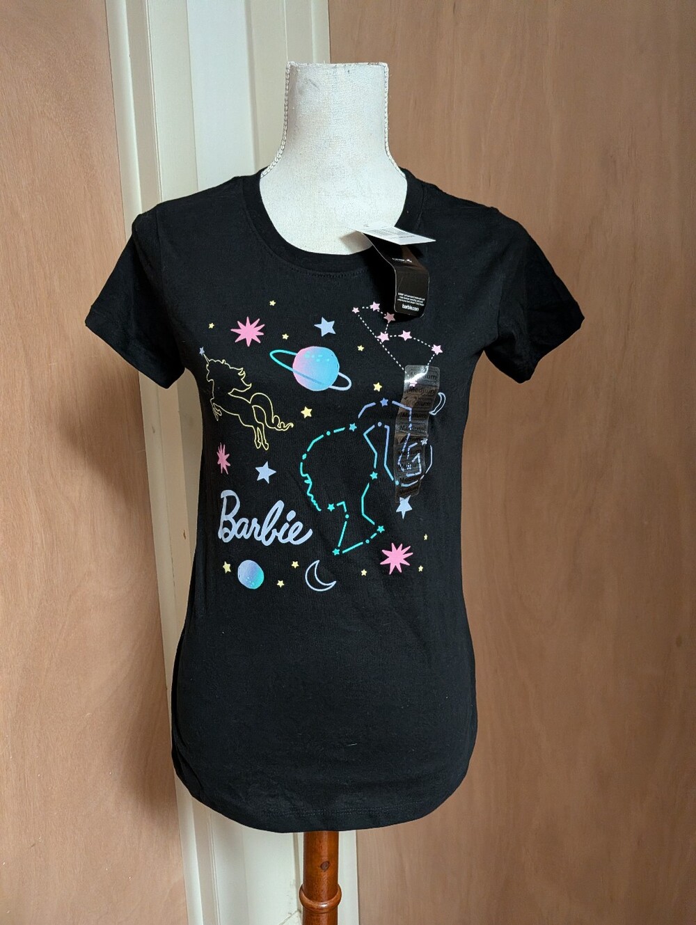 NWT Barbie Celestial Graphic Tee Medium Black Stars Unicorn Planet T-Shirt